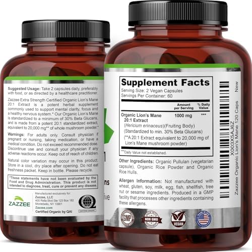 Zazzee Extracto de Melena de León Orgánico USDA 20:1, 1000 mg por Porción, 30% Beta Glucanos, 120 Cápsulas Veganas, Nootrópico para Salud Cerebral y - imagen 8