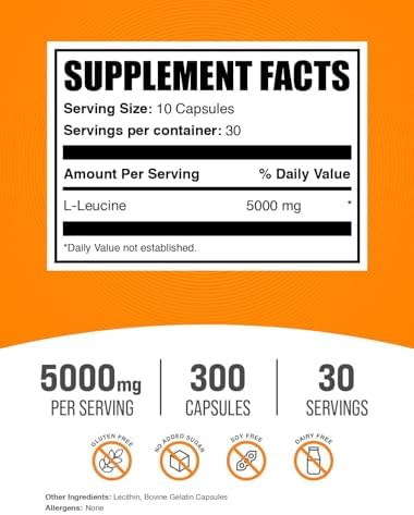 Cápsulas de L-Leucina BulkSupplements.com - Suplemento de Leucina 5000mg, Aminoácido BCAA, Libre de Gluten - 30 Días, 300 Cápsulas - imagen 2