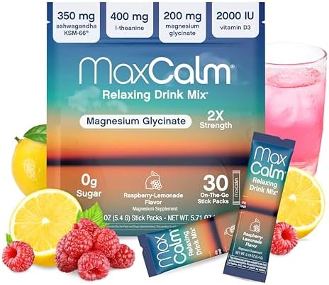 Max Calm Mezcla de Bebida Relajante | Sabor Frambuesa-Limón | Suplemento de Magnesio y KSM-66 Ashwagandha | Apoya la Relajación | 30 Paquetes - imagen 1