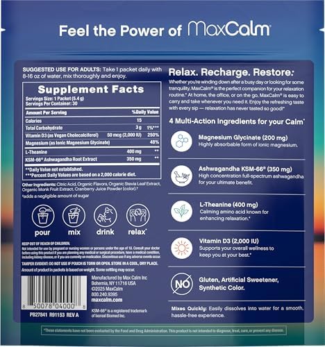 Max Calm Mezcla de Bebida Relajante | Sabor Frambuesa-Limón | Suplemento de Magnesio y KSM-66 Ashwagandha | Apoya la Relajación | 30 Paquetes - imagen 3