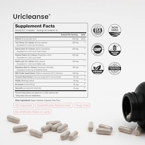 Limpieza de Ácido Úrico y Soporte para Gota – Cereza Ácida, Semilla de Apio, Chanca Piedra, Cardo Mariano y Cúrcuma para Desintoxicación Renal, - imagen 2