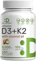 Suplemento DEAL Vitamina D3 5,000 IU + K2 MK7 100mcg en Softgels | Complejo 2 en 1 con Aceite de Coco Virgen | Apoya Salud del Corazón, Huesos, - imagen 1