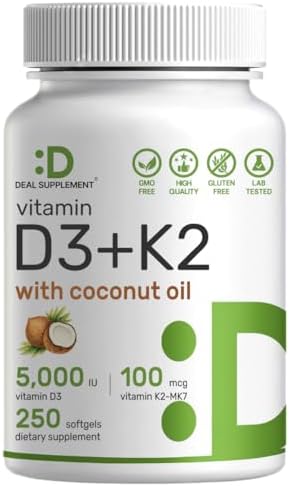 Suplemento DEAL Vitamina D3 5,000 IU + K2 MK7 100mcg en Softgels | Complejo 2 en 1 con Aceite de Coco Virgen | Apoya Salud del Corazón, Huesos, - imagen 1