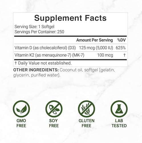 Suplemento DEAL Vitamina D3 5,000 IU + K2 MK7 100mcg en Softgels | Complejo 2 en 1 con Aceite de Coco Virgen | Apoya Salud del Corazón, Huesos, - imagen 2