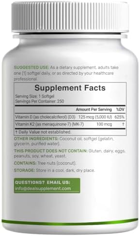 Suplemento DEAL Vitamina D3 5,000 IU + K2 MK7 100mcg en Softgels | Complejo 2 en 1 con Aceite de Coco Virgen | Apoya Salud del Corazón, Huesos, - imagen 6