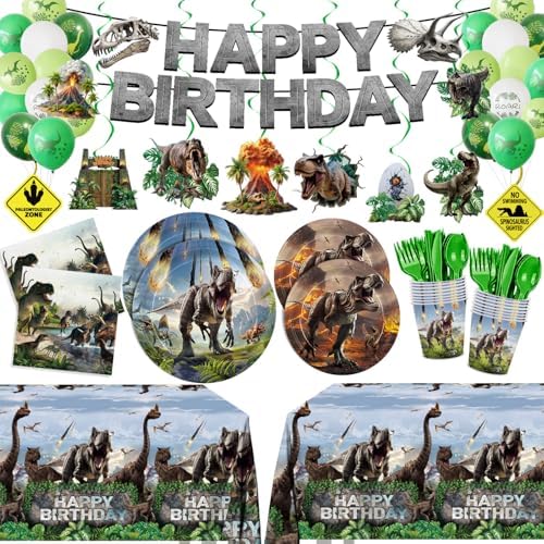 Juego de Decoraciones de Fiesta de Dinosaurios 207 Piezas - Platos, Servilletas, Vasos, Cubiertos, Globos, Banner y Más para 24 Personas - imagen 1