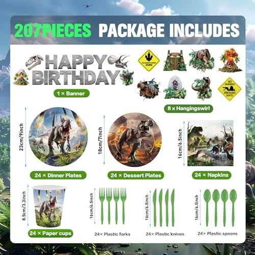 Juego de Decoraciones de Fiesta de Dinosaurios 207 Piezas - Platos, Servilletas, Vasos, Cubiertos, Globos, Banner y Más para 24 Personas - imagen 2