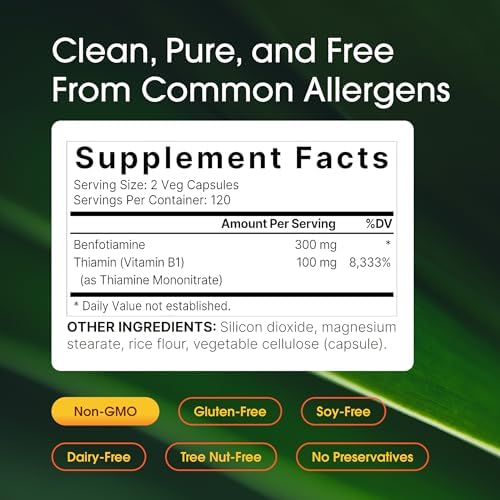 NatureBell Benfotiamina con Tiamina - 240 Cápsulas Vegetarianas - 300mg Benfotiamina y 100mg Tiamina - Apoyo para el Corazón y el Sistema Nervioso* - - imagen 3