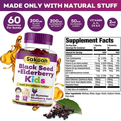 Gomitas Sakoon Nutrition de Saúco y Aceite de Semilla Negra para Niños, Apoyo Inmunológico, con Vitamina C y Zinc, Sabor a Baya, 60 Gomitas - imagen 3
