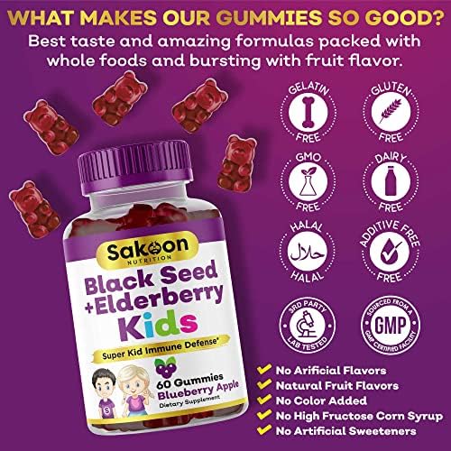 Gomitas Sakoon Nutrition de Saúco y Aceite de Semilla Negra para Niños, Apoyo Inmunológico, con Vitamina C y Zinc, Sabor a Baya, 60 Gomitas - imagen 5