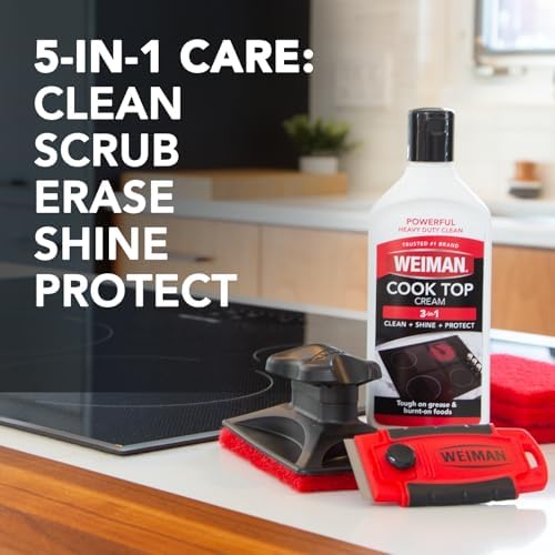 Kit de Limpiador Weiman para Estufas de Vidrio y Cerámica – Crema Limpiadora, 3 Almohadillas de Limpieza y Raspador para Comida y Grasa Pegada, - imagen 2