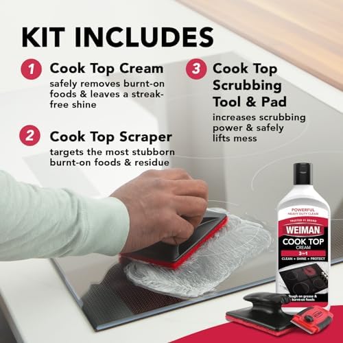 Kit de Limpiador Weiman para Estufas de Vidrio y Cerámica – Crema Limpiadora, 3 Almohadillas de Limpieza y Raspador para Comida y Grasa Pegada, - imagen 3