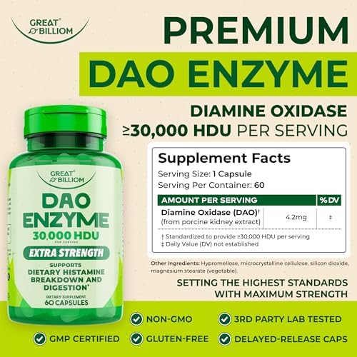 GREAT BILLIOM DAO Enzima (Diamina Oxidasa) - Enzimas Digestivas para Hombres y Mujeres - 30,000 HDU - Suplemento para la Salud Digestiva - 60 Cápsulas - imagen 3