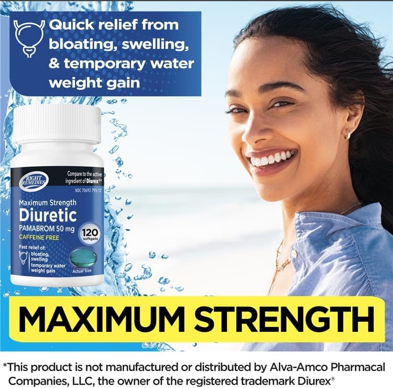 RIGHT REMEDIES Suplemento Diurético Máxima Fuerza Sin Cafeína, 120 Softgels, Pamabrom 50mg, Alivia la Pesadez por Retención de Líquidos - imagen 4