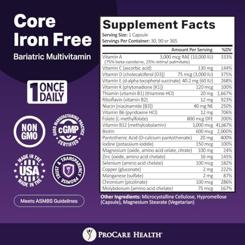 Multivitamínico Bariátrico Procare Health sin Hierro (30 Cápsulas Veganas de Disolución Rápida) - Vitaminas para Manga Gástrica y Bypass Gástrico - imagen 3