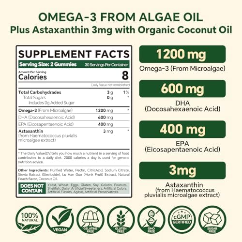 Gomitas Veganas Omega 3 1200mg - Doble Capa - Suplemento de Algas Marinas DHA 600mg, EPA 400mg con Astaxantina, Sin Azúcar, 60 Piezas - imagen 2