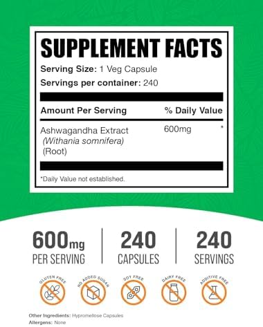 Cápsulas de Extracto de Ashwagandha BulkSupplements.com - Suplemento Herbal Vegano y Sin Gluten, 1 Cápsula por Porción, 240 Contenido (Paquete de 1) - imagen 2