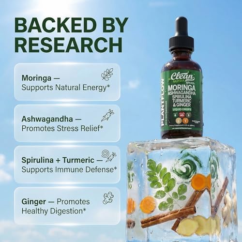 Gotas de Suplemento Clean Nutra Moringa con Ashwagandha, Espirulina, Clorela, Cúrcuma, Jengibre y Pasto de Cebada con Clorofila y Antioxidantes - imagen 3