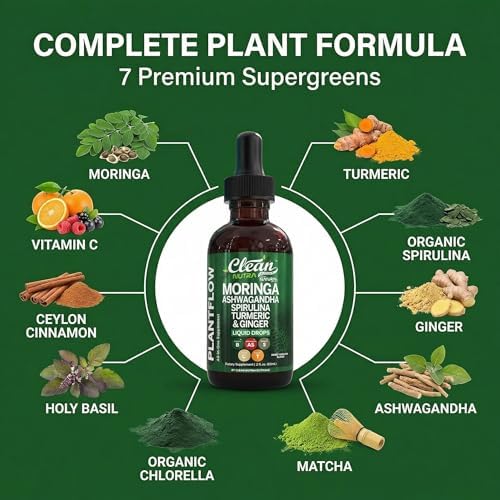 Gotas de Suplemento Clean Nutra Moringa con Ashwagandha, Espirulina, Clorela, Cúrcuma, Jengibre y Pasto de Cebada con Clorofila y Antioxidantes - imagen 4