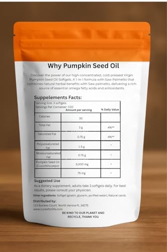 Aceite de Semilla de Calabaza Cures For Life con Saw Palmetto – 3000mg por Porción, 300 Softgels | Aceite Virgen Prensado en Frío | Apoya Salud - imagen 3