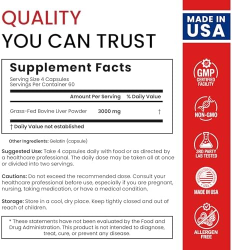 Cápsulas de Hígado de Res Alimentado con Pasto Bloomeo | 240 Contenidos, 750mg Cada Uno | Fuente Natural de 30+ Nutrientes Bio disponibles: Vitamina - imagen 8