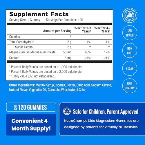 NutraChamps 120 Gomas de Magnesio para Niños - Gomas Calmantes Sin Azúcar - Suministro para 4 Meses - Apoya la Salud Ósea y el Sueño - imagen 5