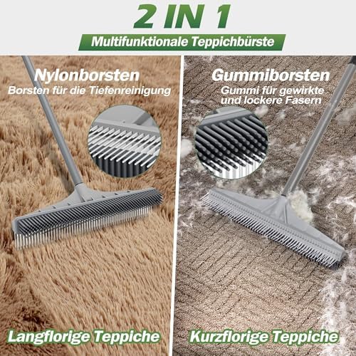 Rastrillo Walensee para Eliminar Pelo de Mascotas, 2 en 1 para Alfombras con Cepillo de Nylon, Mango Ajustable para Alfombras de Pelo Largo, - imagen 2