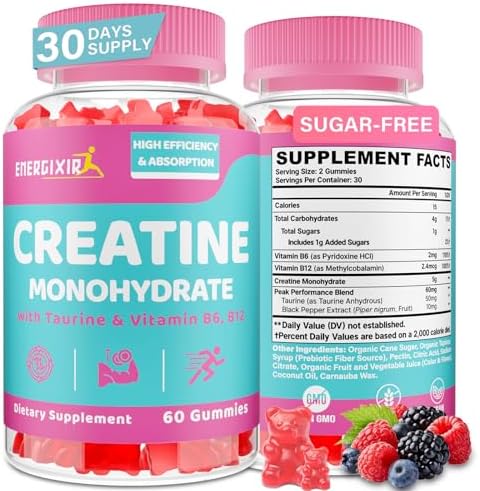 Creatina para Mujeres, Gominolas de Creatina Monohidratada - Sin Hinchazón - Suplemento Masticable Pre y Post Entrenamiento con Taurina y B6 - 60 - imagen 1
