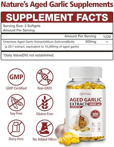 Extracto de Ajo Aged Sin Olor WBSQL 10,000 mg - 300 Cápsulas Blandas, Suplemento Natural para Corazón e Inmunidad, Antioxidante, No GMO, Sin Gluten, - imagen 6