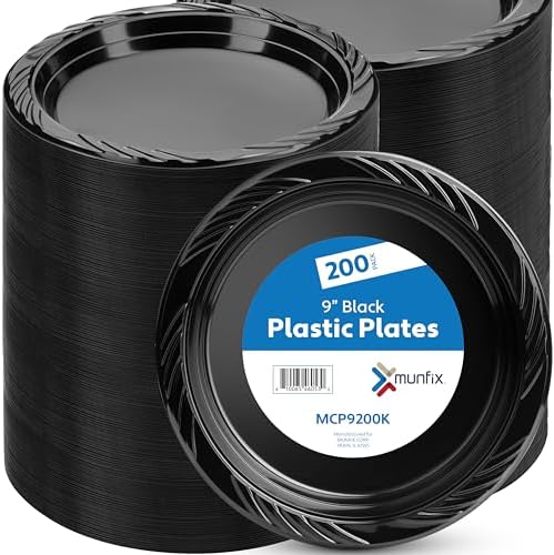 Juego de 200 Platos de Plástico Negro Munfix - Platos Desechables de 9 Pulgadas para Fiestas, BBQ, Picnics, Viajes y Eventos, Apto para Microondas y - imagen 1