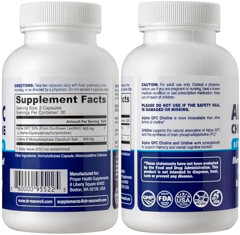Dr. Maxwell Alpha GPC 600mg + Uridina, potenciador de colina. Mejor que Alpha-GPC o Uridina por separado. Fuente óptima de colina: 2 en 1, sin soya, - imagen 2