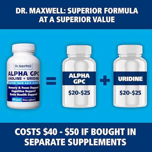 Dr. Maxwell Alpha GPC 600mg + Uridina, potenciador de colina. Mejor que Alpha-GPC o Uridina por separado. Fuente óptima de colina: 2 en 1, sin soya, - imagen 3