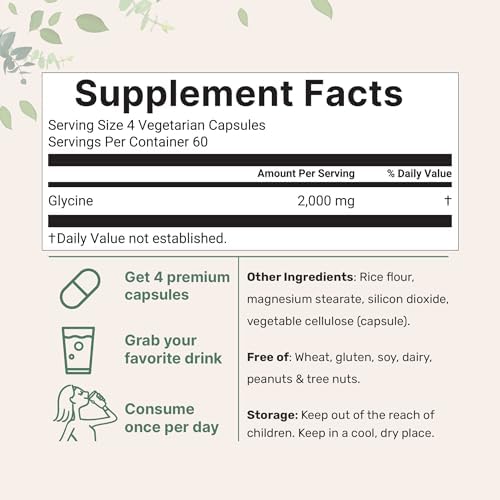 Glicina 2,000mg por porción, 240 cápsulas vegetales | Aminoácidos de doble fuerza | Suplemento para un sueño reparador y apoyo a neurotransmisores | - imagen 2