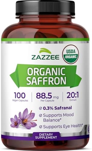 Extracto de Azafrán Orgánico Zazzee 20:1, 88.5 mg, 100 Cápsulas Veganas, Suministro para 3+ Meses, No Transgénico, Hecho en EE. UU. - imagen 1