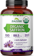 Extracto de Azafrán Orgánico Zazzee 20:1, 88.5 mg, 100 Cápsulas Veganas, Suministro para 3+ Meses, No Transgénico, Hecho en EE. UU. - imagen 1