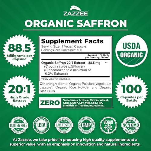 Extracto de Azafrán Orgánico Zazzee 20:1, 88.5 mg, 100 Cápsulas Veganas, Suministro para 3+ Meses, No Transgénico, Hecho en EE. UU. - imagen 3