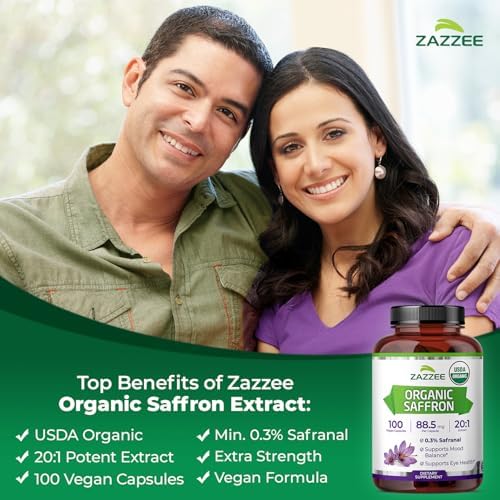 Extracto de Azafrán Orgánico Zazzee 20:1, 88.5 mg, 100 Cápsulas Veganas, Suministro para 3+ Meses, No Transgénico, Hecho en EE. UU. - imagen 4