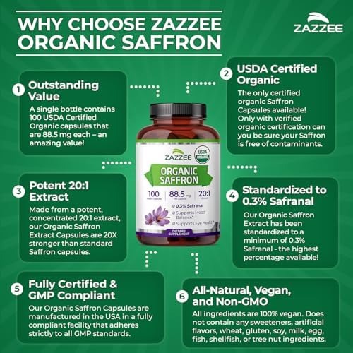 Extracto de Azafrán Orgánico Zazzee 20:1, 88.5 mg, 100 Cápsulas Veganas, Suministro para 3+ Meses, No Transgénico, Hecho en EE. UU. - imagen 6