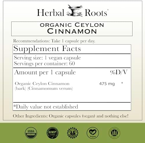 Cápsulas de Canela de Ceilán Orgánica Herbal Roots | Certificadas USDA - No OGM | 60 Cápsulas Veganas Orgánicas - imagen 2