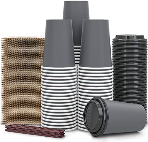 Paquete de 100 Tazas de Café Desechables de 12 oz con Tapas, Mangas y Popotes - 100% Biodegradables y Compostables, Tazas de Papel Ecológicas para - imagen 1