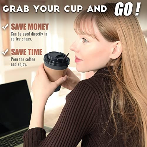 Paquete de 100 Tazas de Café Desechables de 12 oz con Tapas, Mangas y Popotes - 100% Biodegradables y Compostables, Tazas de Papel Ecológicas para - imagen 2