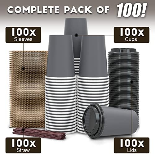 Paquete de 100 Tazas de Café Desechables de 12 oz con Tapas, Mangas y Popotes - 100% Biodegradables y Compostables, Tazas de Papel Ecológicas para - imagen 7