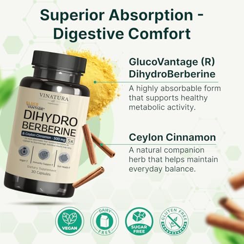 Suplemento de Dihidroberberina VINATURA con Canela de Ceilán, 500mg - (Super Berberina GlucoVantage Patente), 5X Más Absorbible - 30 Cápsulas - imagen 2