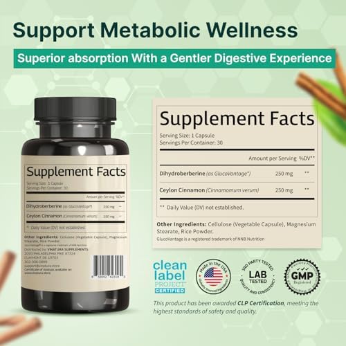 Suplemento de Dihidroberberina VINATURA con Canela de Ceilán, 500mg - (Super Berberina GlucoVantage Patente), 5X Más Absorbible - 30 Cápsulas - imagen 3