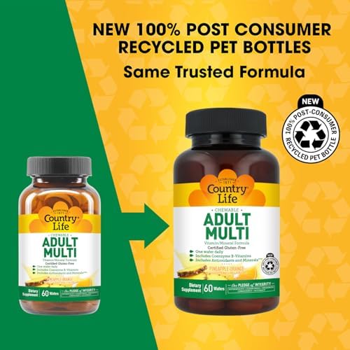 Multivitamínico Adulto Masticable Country Life con Coenzima B, Antioxidantes y Minerales, Sabor Piña-Naranja - 60 Tabletas, Libre de Gluten - imagen 3