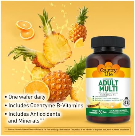 Multivitamínico Adulto Masticable Country Life con Coenzima B, Antioxidantes y Minerales, Sabor Piña-Naranja - 60 Tabletas, Libre de Gluten - imagen 5