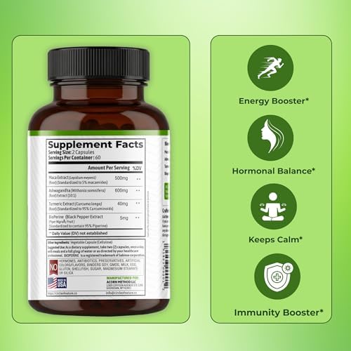 Cápsulas de Maca y Extracto de Ashwagandha para Hombres y Mujeres con Cúrcuma y Bioperina - 120 Cápsulas Hechas en EE. UU. - imagen 7