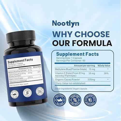 Cápsulas de Nootlyn Methylene Blue - Grado Farmacéutico 15mg, con Éster de Vitamina C, Apoyo Diario para el Bienestar y las Células, 60 Cápsulas - imagen 4