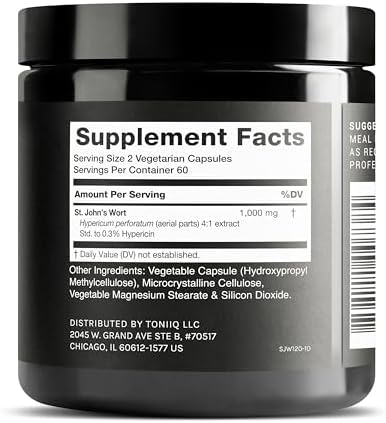 Cápsulas de Hierba de San Juan Toniiq 1,000mg - Extracto 4X Concentrado - 0.3% Hipericina - Alta Pureza y Biodisponibilidad - 120 Cápsulas - imagen 2