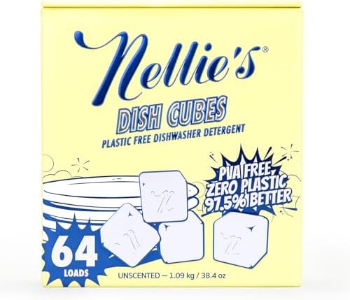 Cubos de Lavavajillas Nellie’s – Detergente Concentrado para 64 Cargas – Fórmula Sin Plástico (Libre de PVA) – Limpieza Potente para Grasa y Suciedad - imagen 1